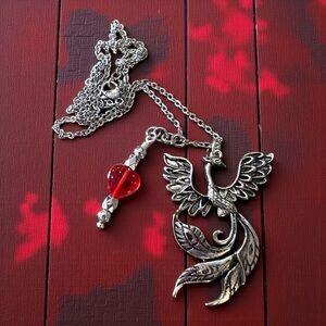 Stainless Steel Phoenix Pendant Necklace with Red Glass Heart Charm